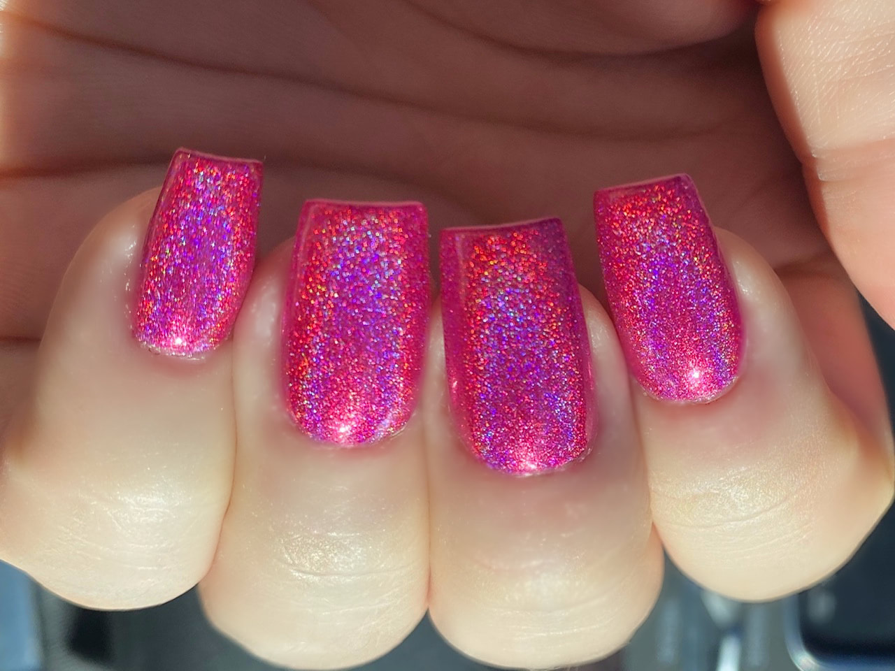 pink holographic nail design