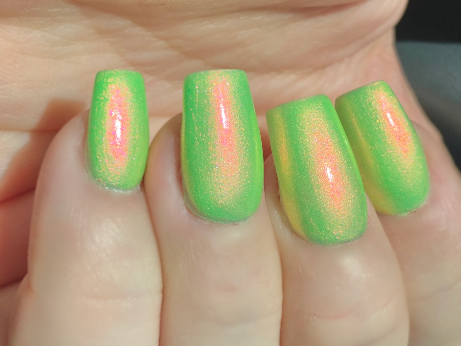 Glow Worm - Neon Green Red Pink Gold Glow Pop Nail Polish Collection  Multi-Color Shifting: Mylar Oil Slick / Polish Me Silly Indie Nail